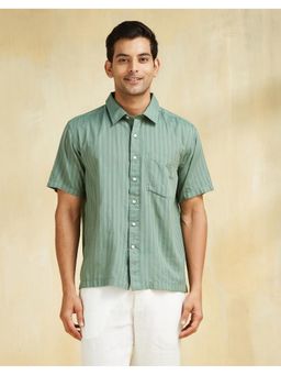Fabindia - Men Green Cotton Blend Collar Neck Stripes Printed Shirt