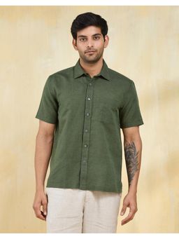 Fabindia - Men Olive Linen Blend Collar Neck Solid Woven Shirt