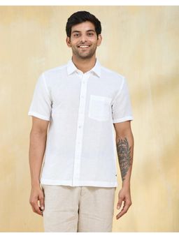 Fabindia - Men White Linen Blend Collar Neck Solid Woven Shirt