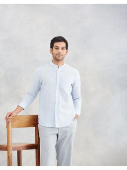 Fabindia - Men Blue Linen Blend Mandarin Neck Solid Woven Shirt