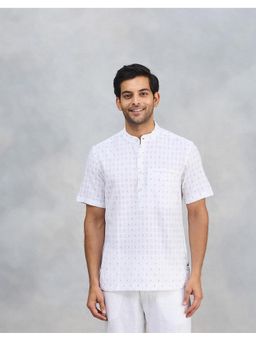 Fabindia - Men White Cotton Mandarin Neck Checks Woven Shirt
