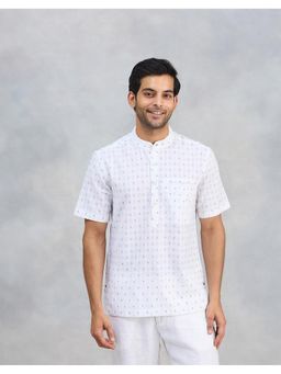 Fabindia - Men White Cotton Mandarin Neck Checks Woven Shirt