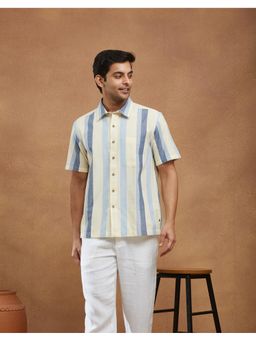Fabindia - Men Off White Cotton Collar Neck Stripes Woven Shirt