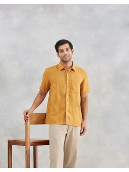 Fabindia - Men Mustard Linen Collar Neck Solid Woven Shirt