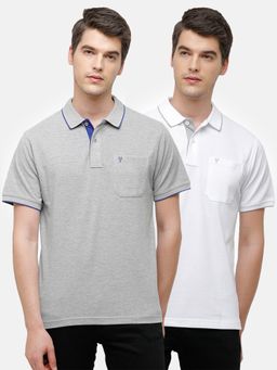 Classic Polo - Men Solid Grey & White Cotton Blend Regular Fit Polo T-Shirts (Pack of 2)