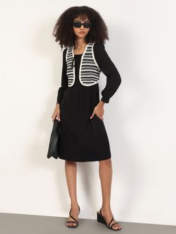 SHOWOFF - Women's Solid Black Fit and Flare Knee Length Dress with Attached Shrug