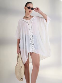 SHOWOFF - Women's Self Design White Kaftan Mini Dress