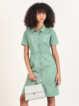 SHOWOFF - Women's Solid Green A-Line Knee Length Denim Dress with Belt (Set of 2)