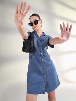 SHOWOFF - Women's Solid Blue Mini Denim Shirt Dress