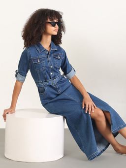 SHOWOFF - Women's Solid Blue Front Slit Shirt Midi Denim Dress with Belt (Set of 2)