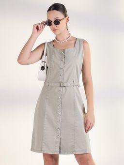 SHOWOFF - Women's Solid Grey A-Line Knee Length Denim Dress with Belt (Set of 2)