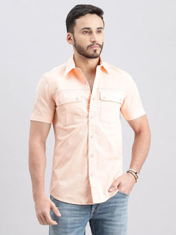 ROOKIES - Men Peach Half Sleeves Slim Fit Cotton Spandex Solid Shirt