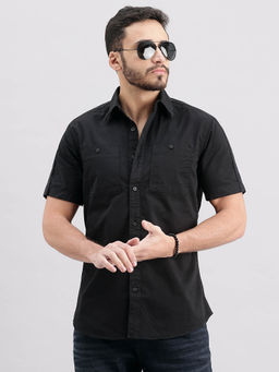 ROOKIES - Men Black Half Sleeves Slim Fit Cotton Spandex Solid Shirt