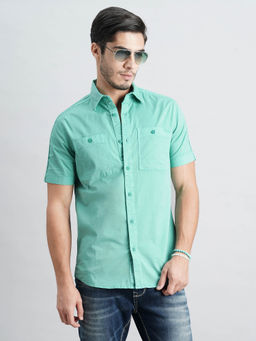 ROOKIES - Men Teal Half Sleeves Slim Fit Cotton Spandex Solid Shirt