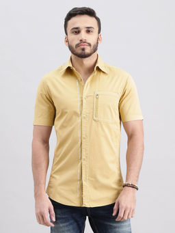 ROOKIES - Men Yellow Half Sleeves Slim Fit Cotton Spandex Solid Shirt