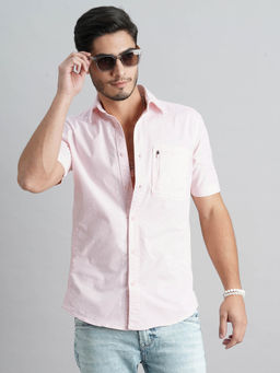 ROOKIES - Men Pink Half Sleeves Slim Fit Cotton Spandex Solid Shirt