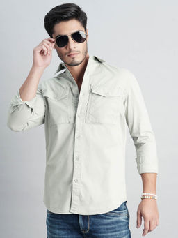 ROOKIES - Men Green Full Sleeves Slim Fit Cotton Spandex Solid Shirt