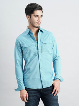 ROOKIES - Men Blue Full Sleeves Slim Fit Cotton Spandex Solid Shirt