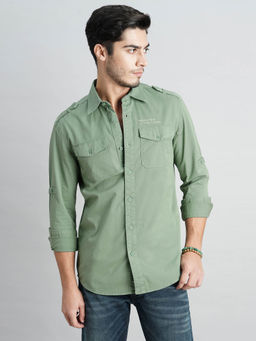 ROOKIES - Men Green Full Sleeves Slim Fit Cotton Spandex Solid Shirt