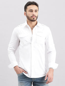 ROOKIES - Men White Full Sleeves Slim Fit Cotton Spandex Solid Shirt