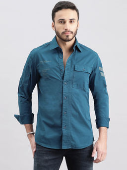 ROOKIES - Men Blue Full Sleeves Slim Fit Cotton Spandex Solid Shirt