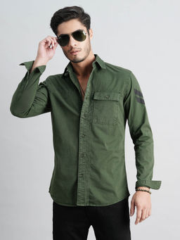 ROOKIES - Men Green Full Sleeves Slim Fit Cotton Spandex Solid Shirt