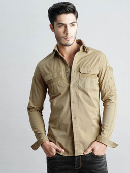 ROOKIES - Men Khaki Full Sleeves Slim Fit Cotton Spandex Solid Shirt