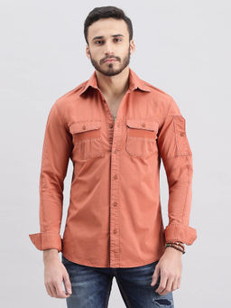 ROOKIES - Men Red Full Sleeves Slim Fit Cotton Spandex Solid Shirt