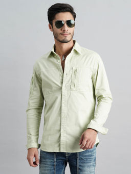 ROOKIES - Men Green Full Sleeves Slim Fit Cotton Spandex Solid Shirt