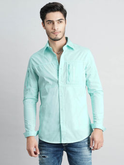 ROOKIES - Men Turquoise Full Sleeves Slim Fit Cotton Spandex Solid Shirt