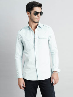 ROOKIES - Men Blue Full Sleeves Slim Fit Cotton Spandex Solid Shirt