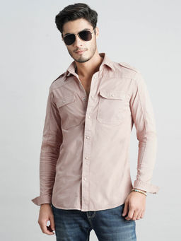 ROOKIES - Men Pink Full Sleeves Slim Fit Cotton Spandex Solid Shirt