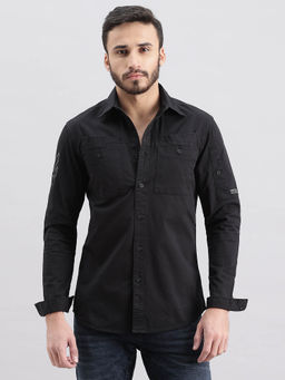 ROOKIES - Men Black Full Sleeves Slim Fit Cotton Spandex Solid Shirt