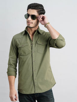 ROOKIES - Men Green Full Sleeves Slim Fit Cotton Spandex Solid Shirt