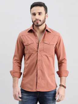 ROOKIES - Men Rust Full Sleeves Slim Fit Cotton Spandex Solid Shirt