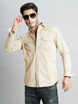 ROOKIES - Men Beige Full Sleeves Slim Fit Cotton Spandex Solid Shirt