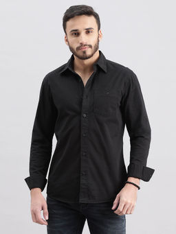 ROOKIES - Men Black Full Sleeves Slim Fit Cotton Spandex Solid Shirt