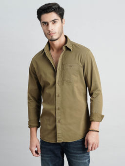 ROOKIES - Men Brown Full Sleeves Slim Fit Cotton Spandex Solid Shirt