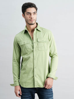 ROOKIES - Men Green Full Sleeves Slim Fit Cotton Spandex Solid Shirt