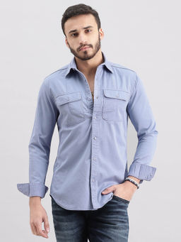 ROOKIES - Men Blue Full Sleeves Slim Fit Cotton Spandex Solid Shirt