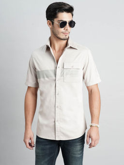 ROOKIES - Men Beige Full Sleeves Slim Fit Cotton Spandex Solid Shirt
