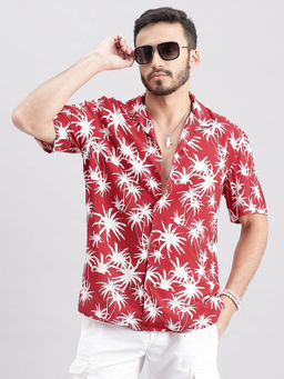 ROOKIES - Men Red Half Sleeves Slim Fit Rayon Printed Shirt