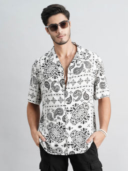 ROOKIES - Men White Half Sleeves Slim Fit Rayon Printed Shirt