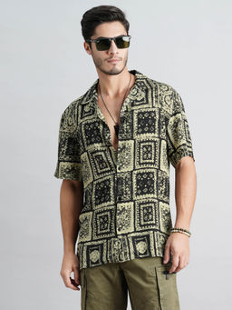 ROOKIES - Men Olive Half Sleeves Slim Fit Rayon Printed Shirt