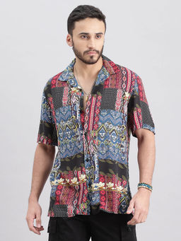 ROOKIES - Men Multi-Color Half Sleeves Slim Fit Rayon Printed Shirt