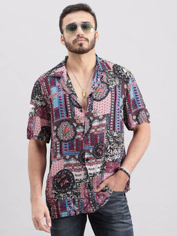 ROOKIES - Men Pink Half Sleeves Slim Fit Rayon Printed Shirt