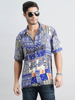 ROOKIES - Men Navy Blue Half Sleeves Slim Fit Rayon Printed Shirt