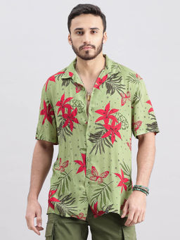 ROOKIES - Men Green Half Sleeves Slim Fit Rayon Printed Shirt