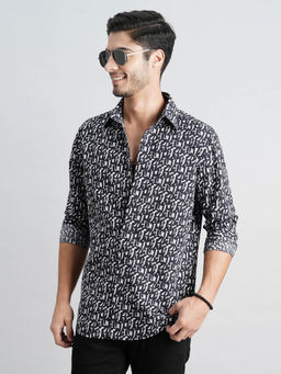 ROOKIES - Men Navy Blue Full Sleeves Slim Fit Cotton Printed Shirt