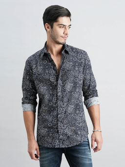 ROOKIES - Men Navy Blue Full Sleeves Fit Cotton Printed Shirt